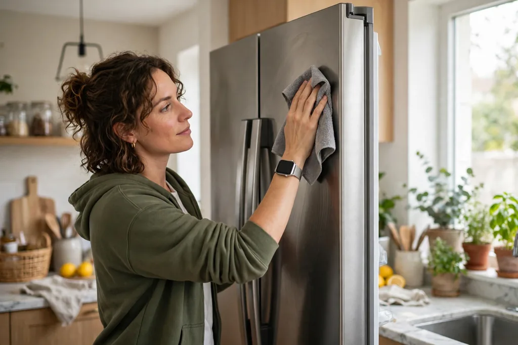 Homeowner cleaning a stainless steel refrigerator in a Burleson, TX kitchen