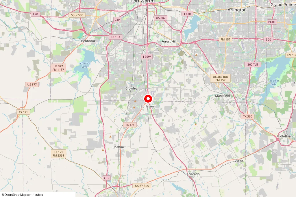 Service area map centered on Burleson, TX, showing Crowley, Mansfield, Joshua and nearby areas