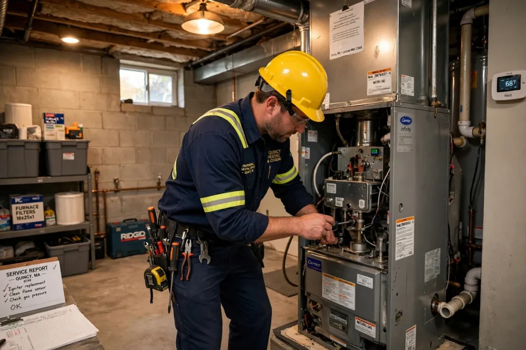 Technician replacing an old furnace with a modern unit