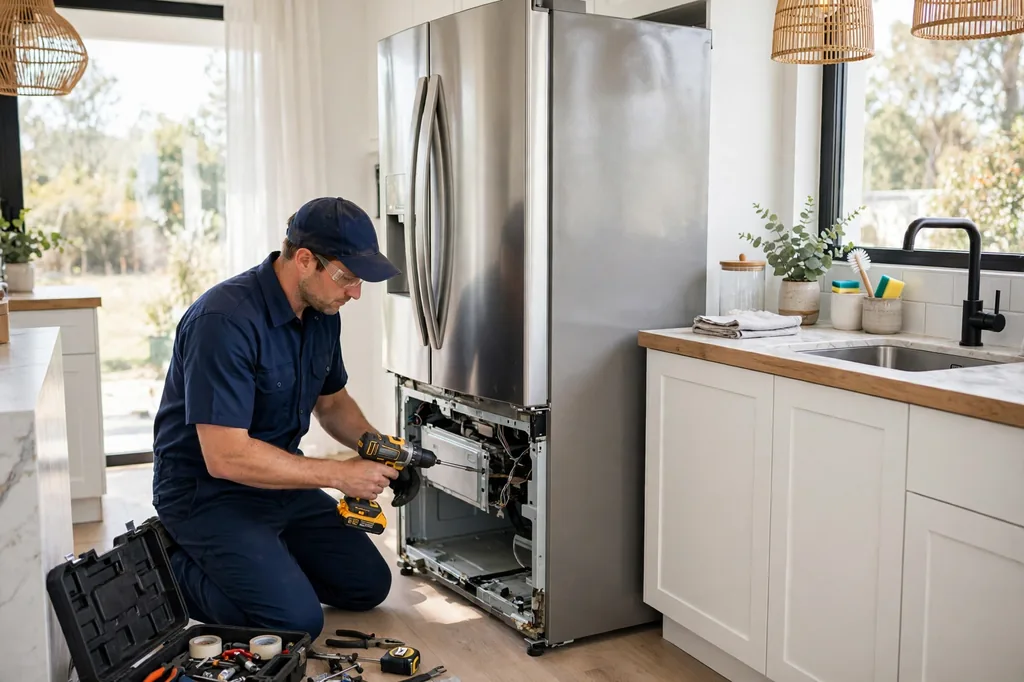 Appliance repair technician repairing a refrigerator in a Burleson, TX home