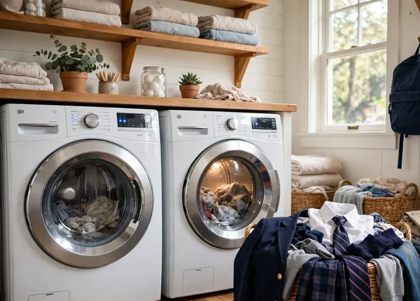 Family laundry room with washer and dryer in a Burleson, TX home