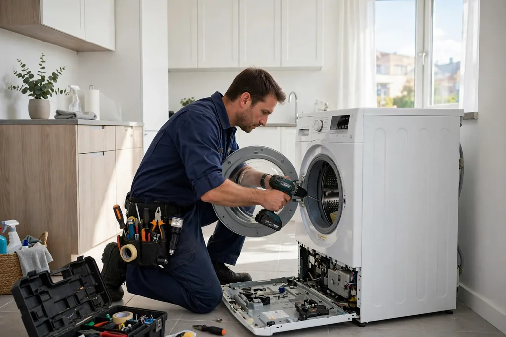 Appliance repair technician working in a rental property in Burleson, TX