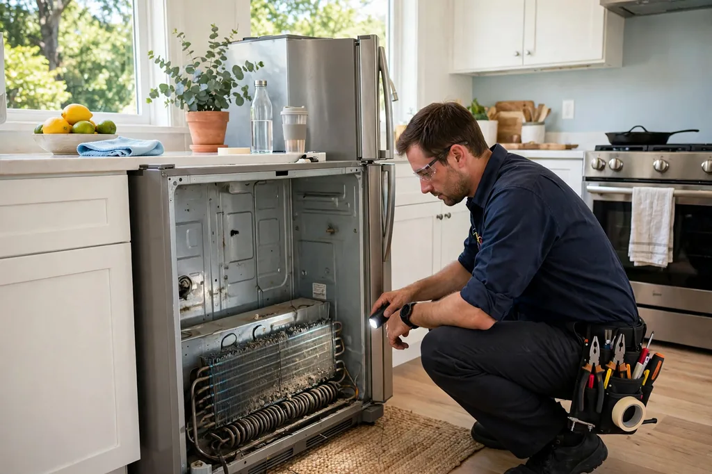 Appliance repair technician checking a refrigerator in a Burleson, TX home