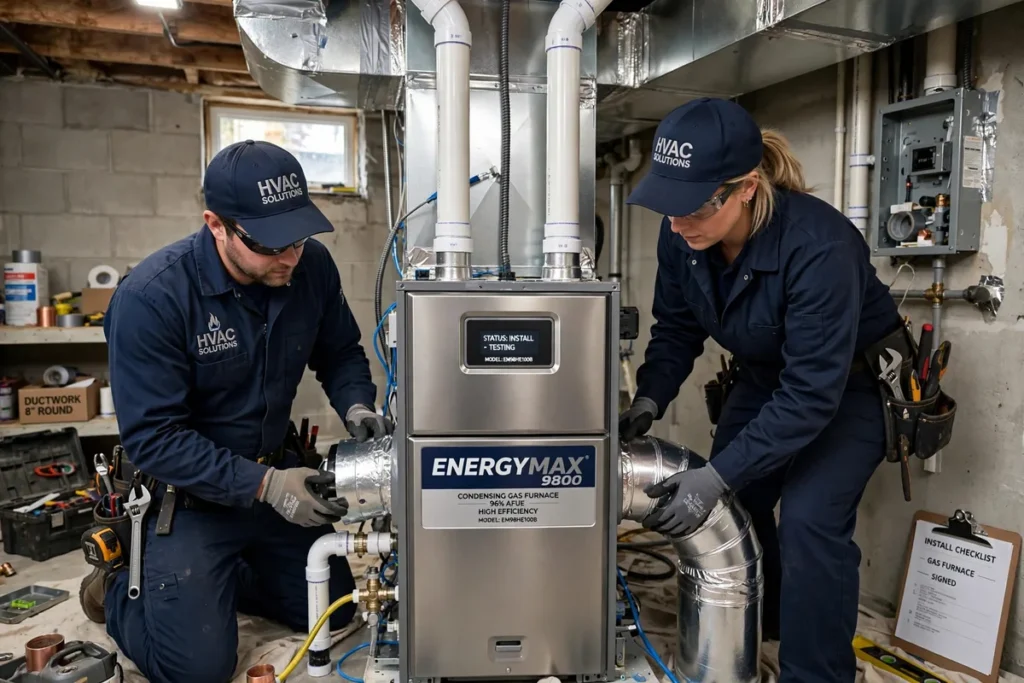 Technician installing a high-efficiency furnace in a Quincy home