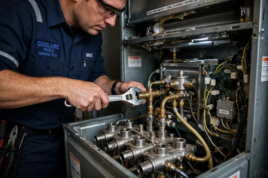 Furnace repair technician servicing a heating system