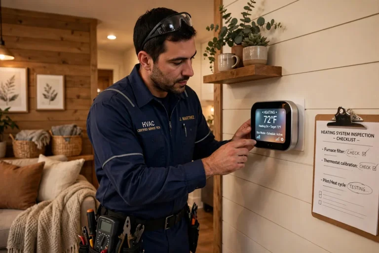 Thermostat check during a heating service visit in Quincy, MA