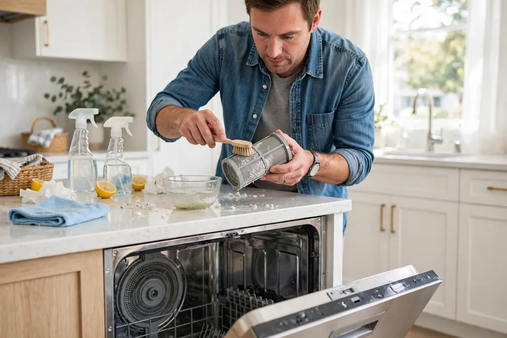 Homeowner cleaning a dishwasher filter in a Burleson, TX kitchen